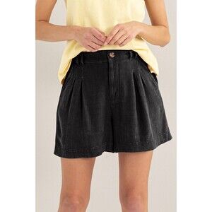 BLACK LINEN BLEND PLEATED SHORTS